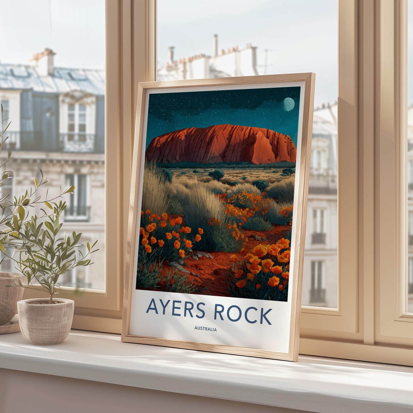 Ayers Rock Poster - Australia Travel Art - starry desert bloom Wall Decor