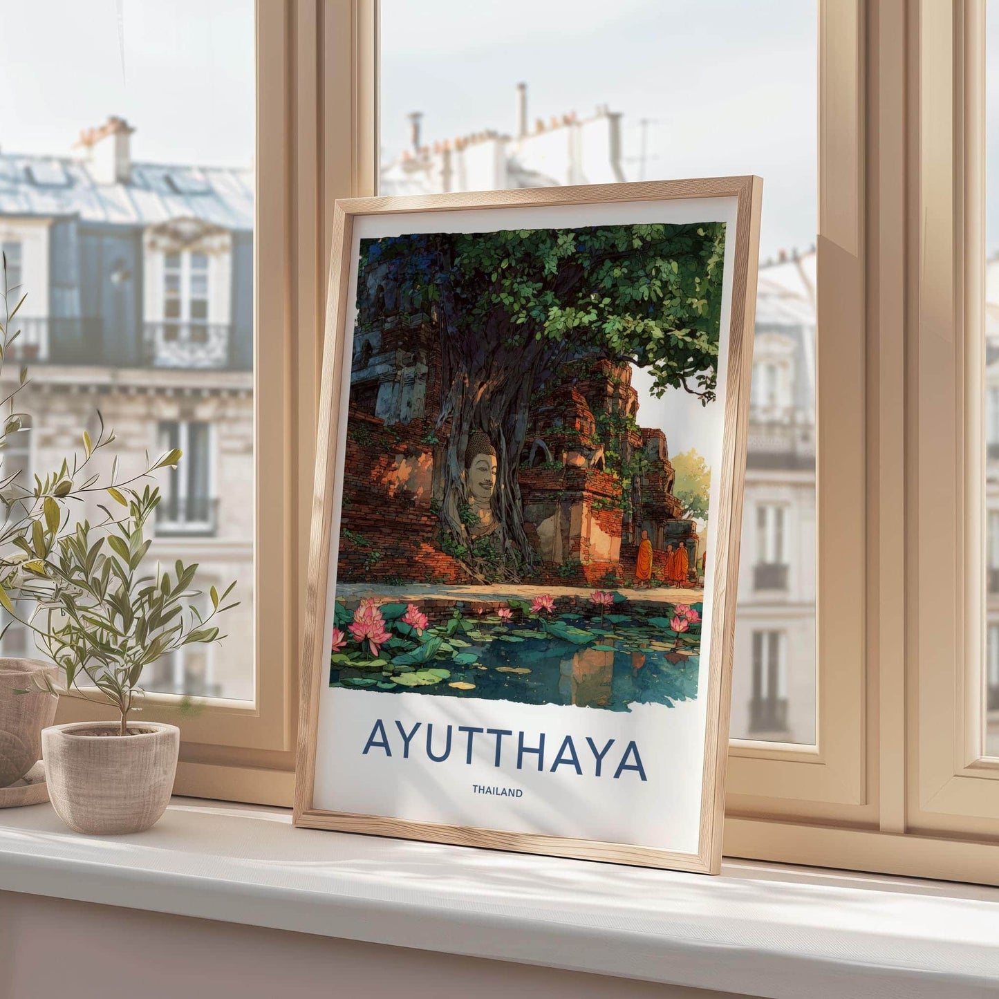 Ayutthaya Poster - Thailand Travel Art - Buddha Lotus Ruins Home Decor