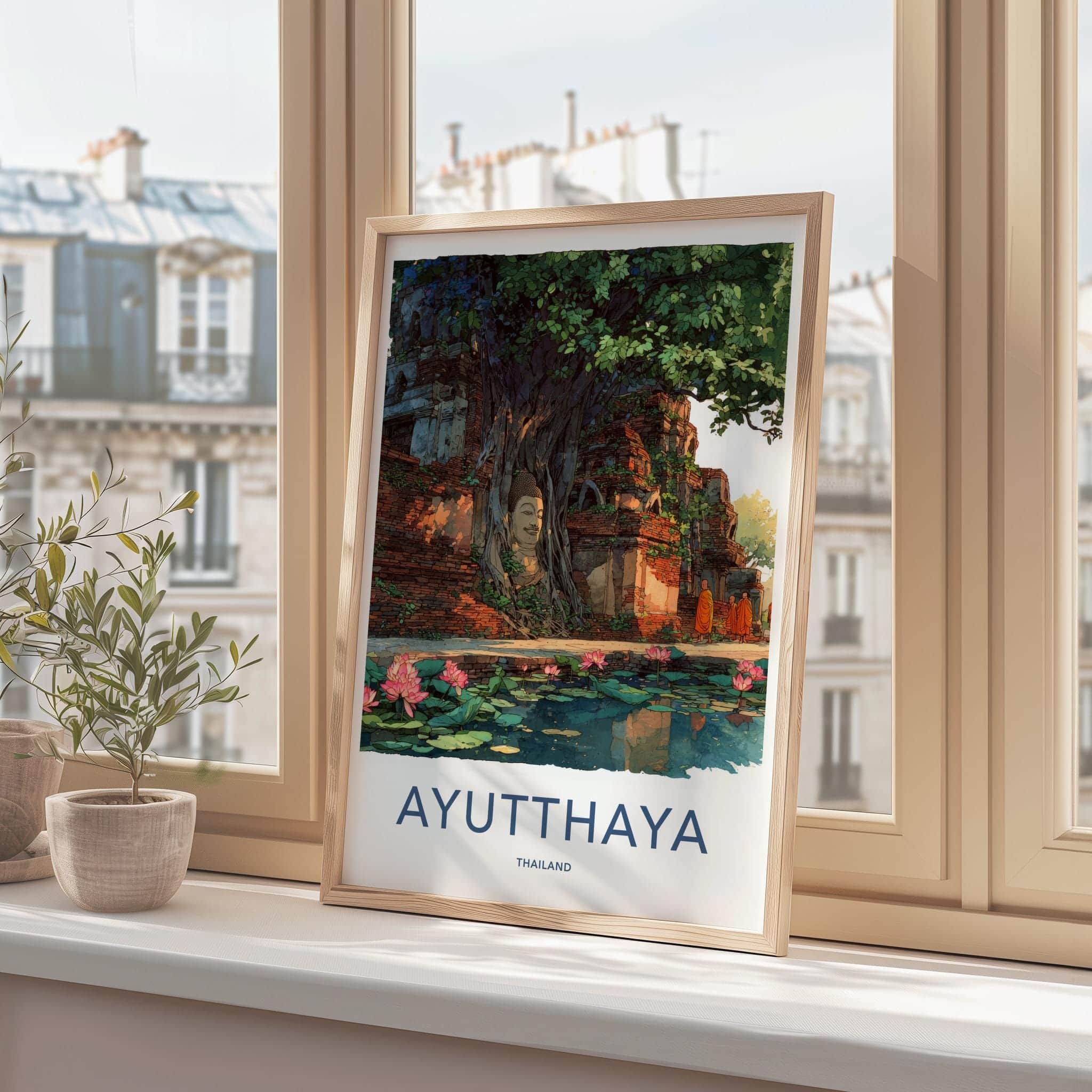 Ayutthaya Poster - Thailand Travel Art - Buddha Lotus Ruins Home Decor