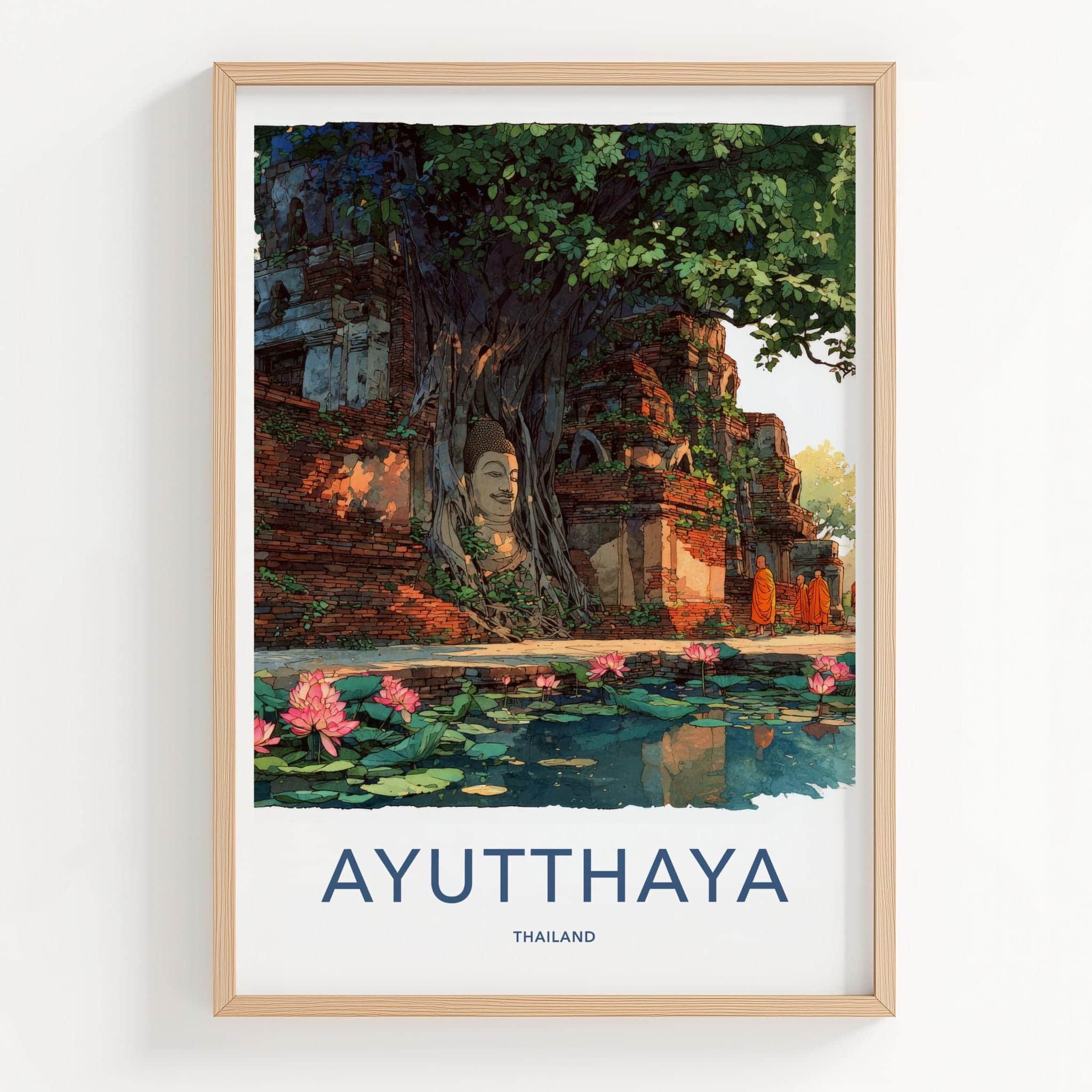 Ayutthaya Poster - Thailand Travel Art - Buddha Lotus Ruins Home Decor