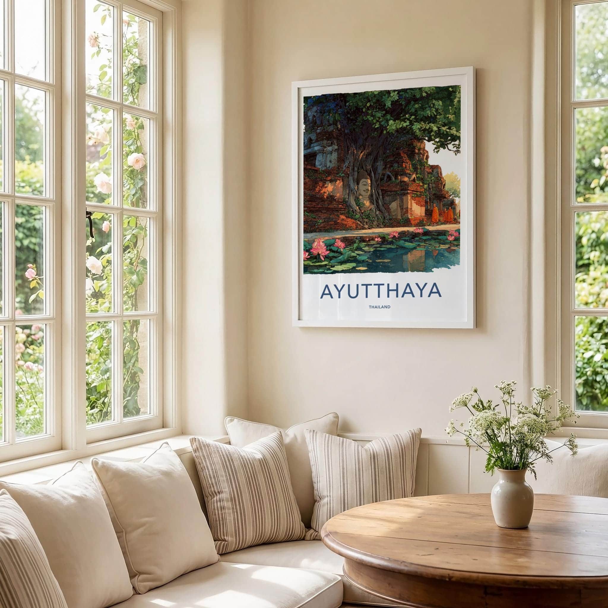 Ayutthaya Poster - Thailand Travel Art - Buddha Lotus Ruins Home Decor