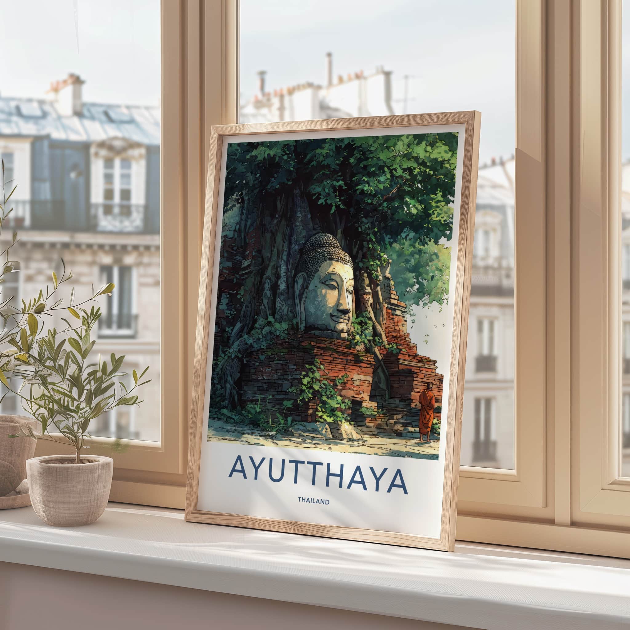 Ayutthaya Poster - Thailand Travel Art - Tree Buddha Head Wall Decor