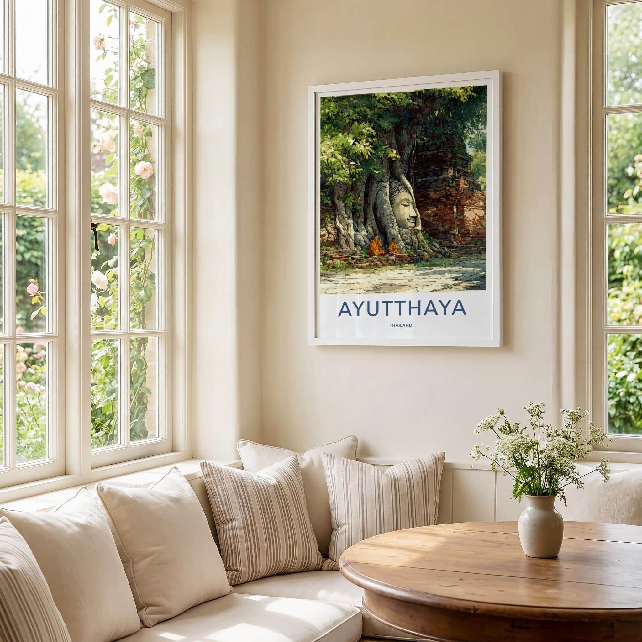 Ayutthaya Poster - Thailand Travel Print - rooted Buddha head Home Art