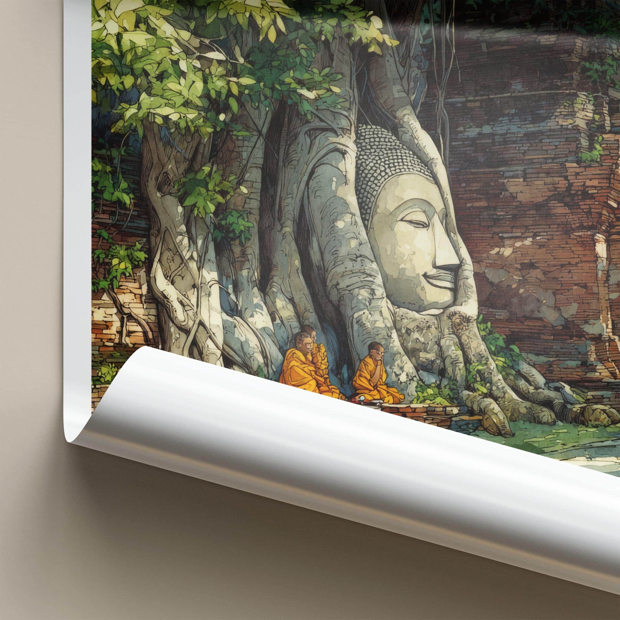 Ayutthaya Poster - Thailand Travel Print - rooted Buddha head Home Art