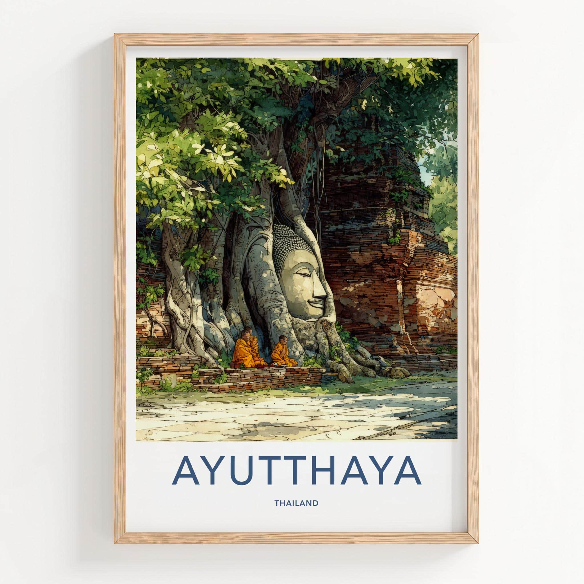 Ayutthaya Poster - Thailand Travel Print - rooted Buddha head Home Art