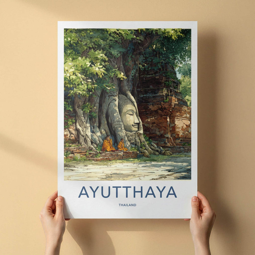 Ayutthaya Poster - Thailand Travel Print - rooted Buddha head Home Art