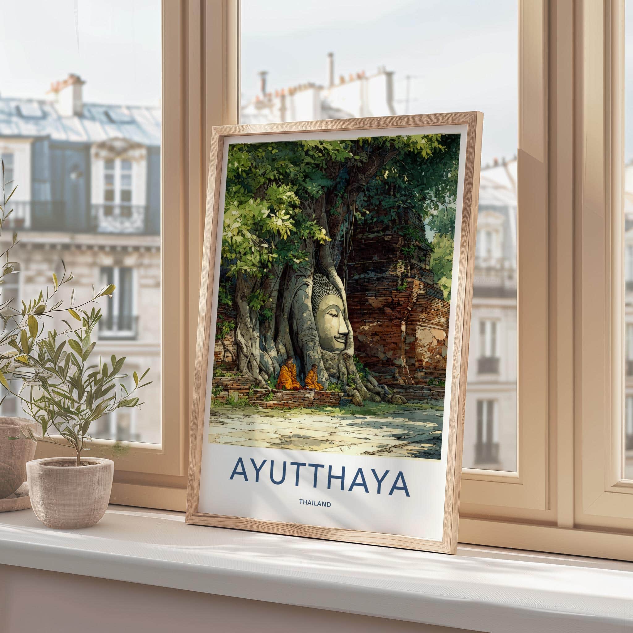 Ayutthaya Poster - Thailand Travel Print - rooted Buddha head Home Art