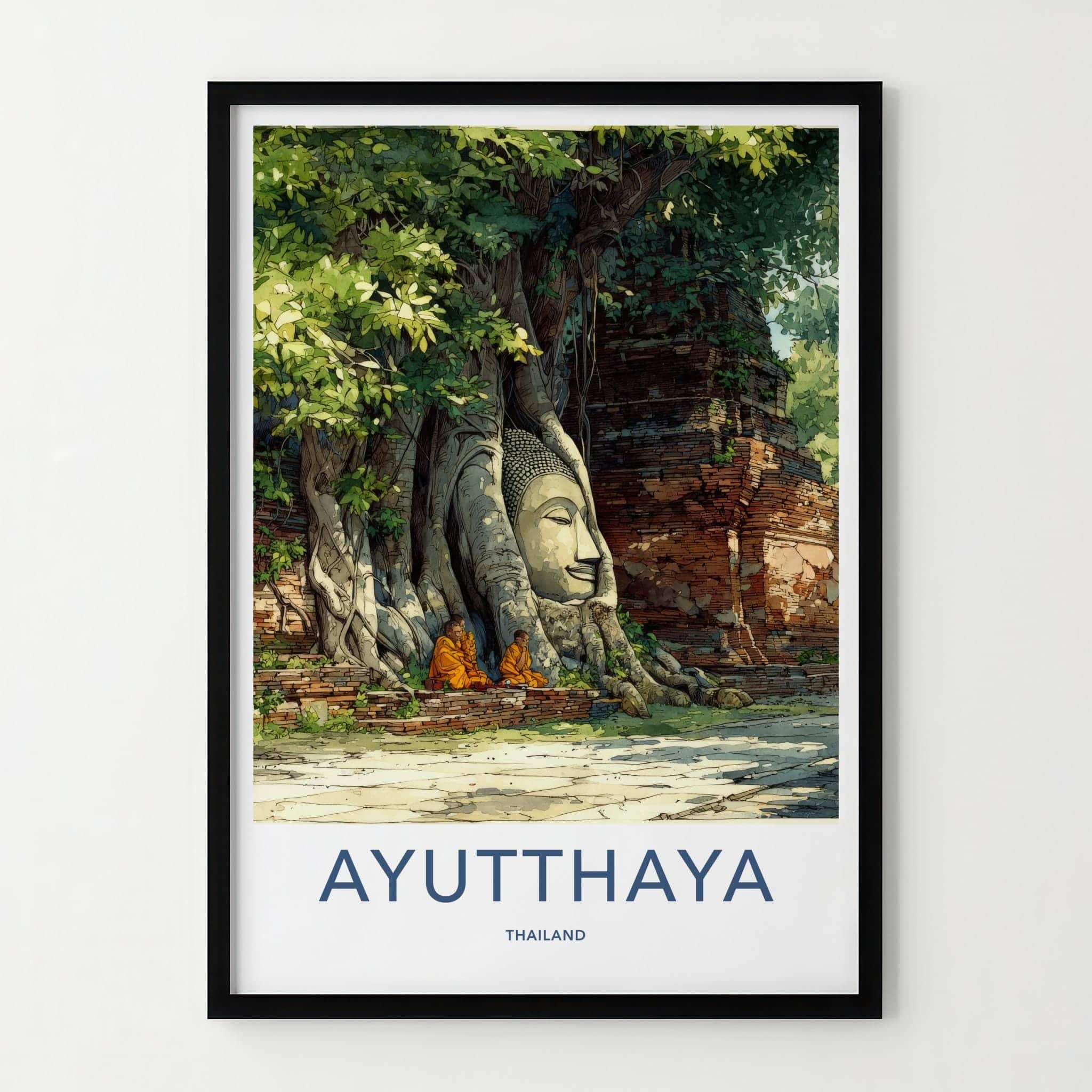 Ayutthaya Poster - Thailand Travel Print - rooted Buddha head Home Art