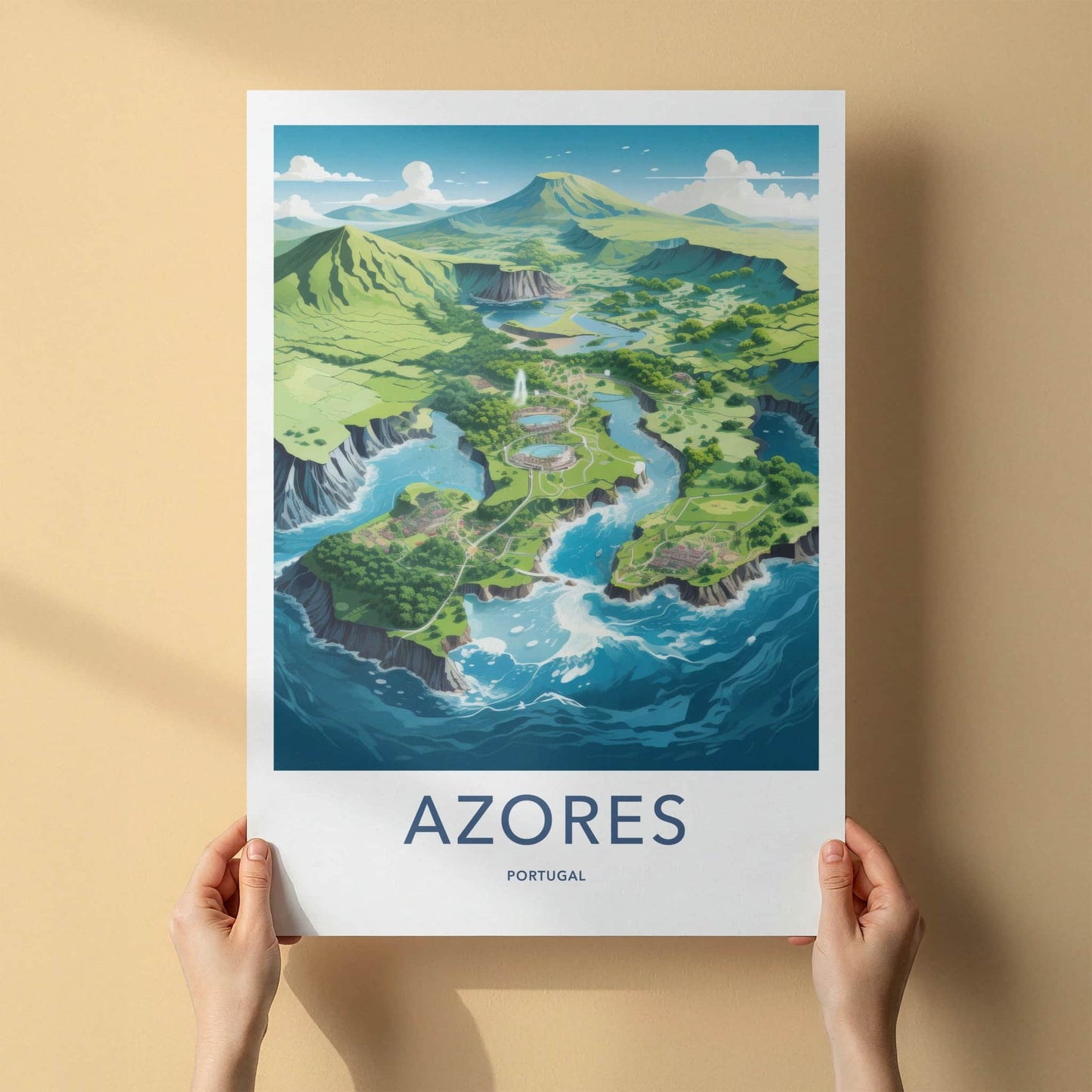 Azores Poster - Portugal Travel Art - Green Island Water Wall Decor