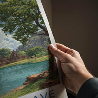 Badami Cave Poster - India Travel Art - Ancient Temple Lake Travel Decor