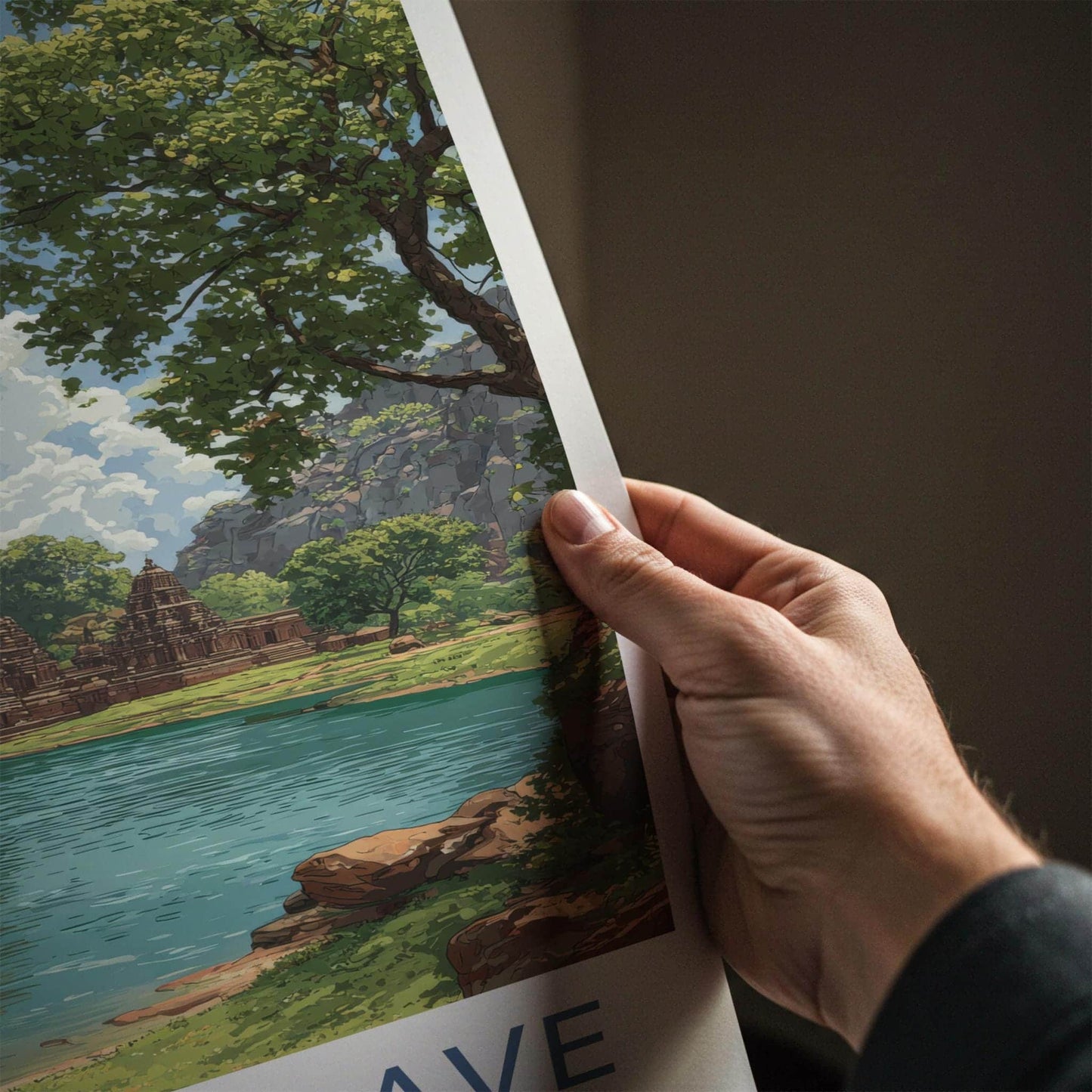 Badami Cave Poster - India Travel Art - Ancient Temple Lake Travel Decor
