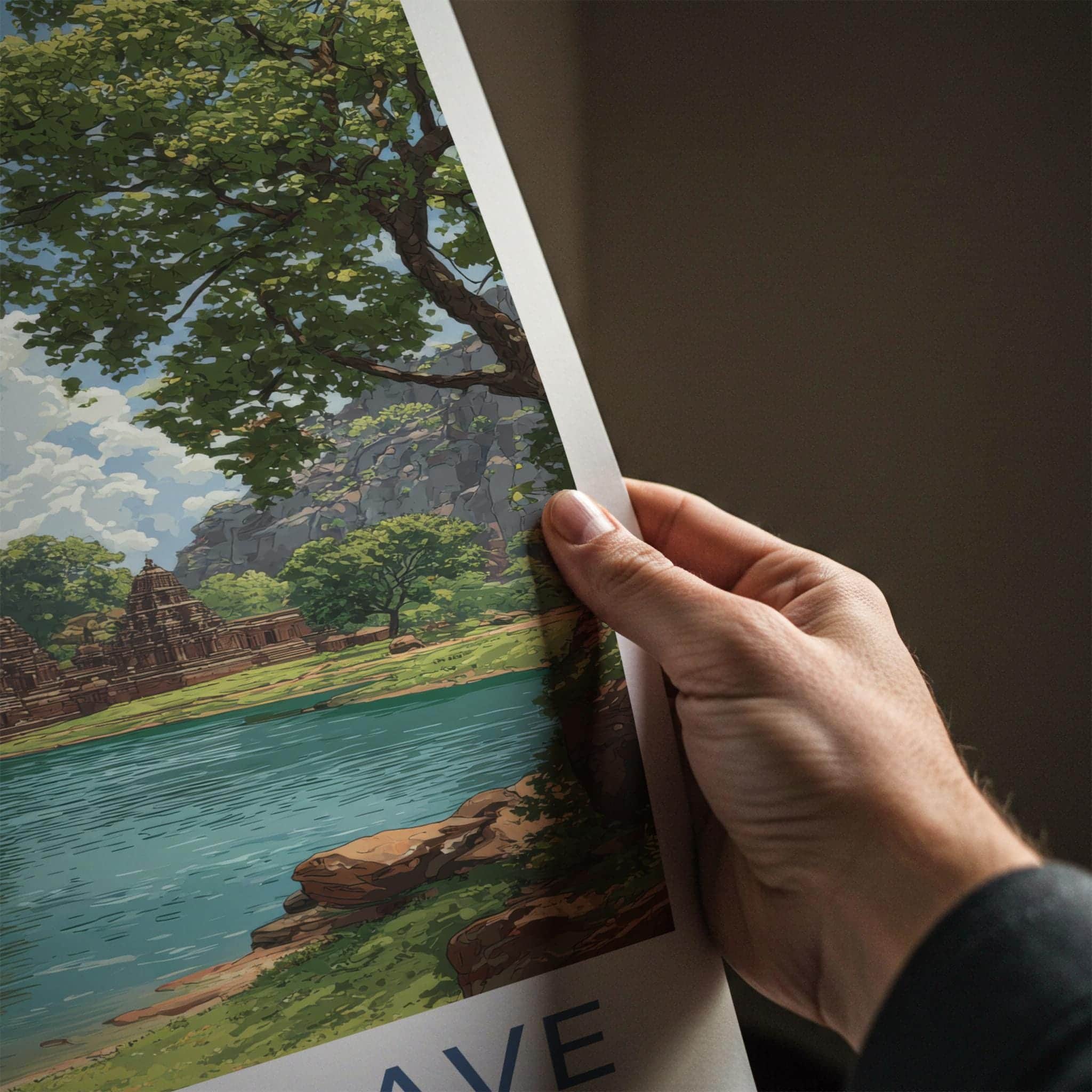 Badami Cave Poster - India Travel Art - Ancient Temple Lake Travel Decor