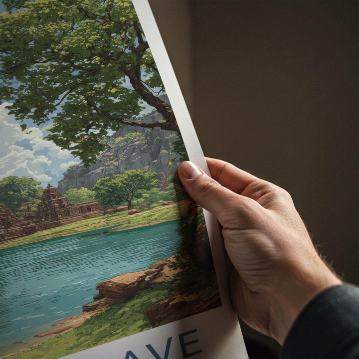 Badami Cave Poster - India Travel Art - Ancient Temple Lake Travel Decor