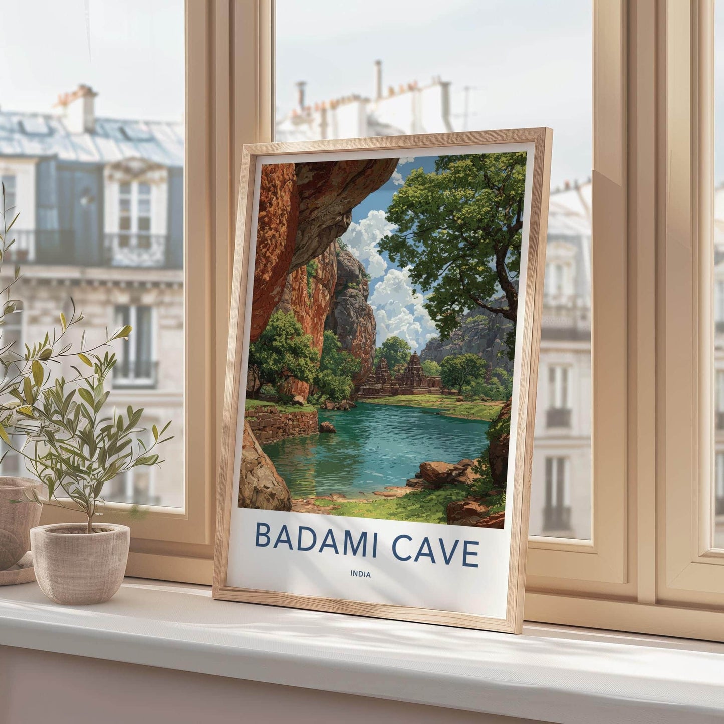 Badami Cave Poster - India Travel Art - Ancient Temple Lake Travel Decor