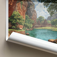 Badami Cave Poster - India Travel Art - Ancient Temple Lake Travel Decor