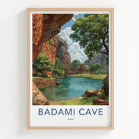 Badami Cave Poster - India Travel Art - Ancient Temple Lake Travel Decor