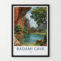 Badami Cave Poster - India Travel Art - Ancient Temple Lake Travel Decor