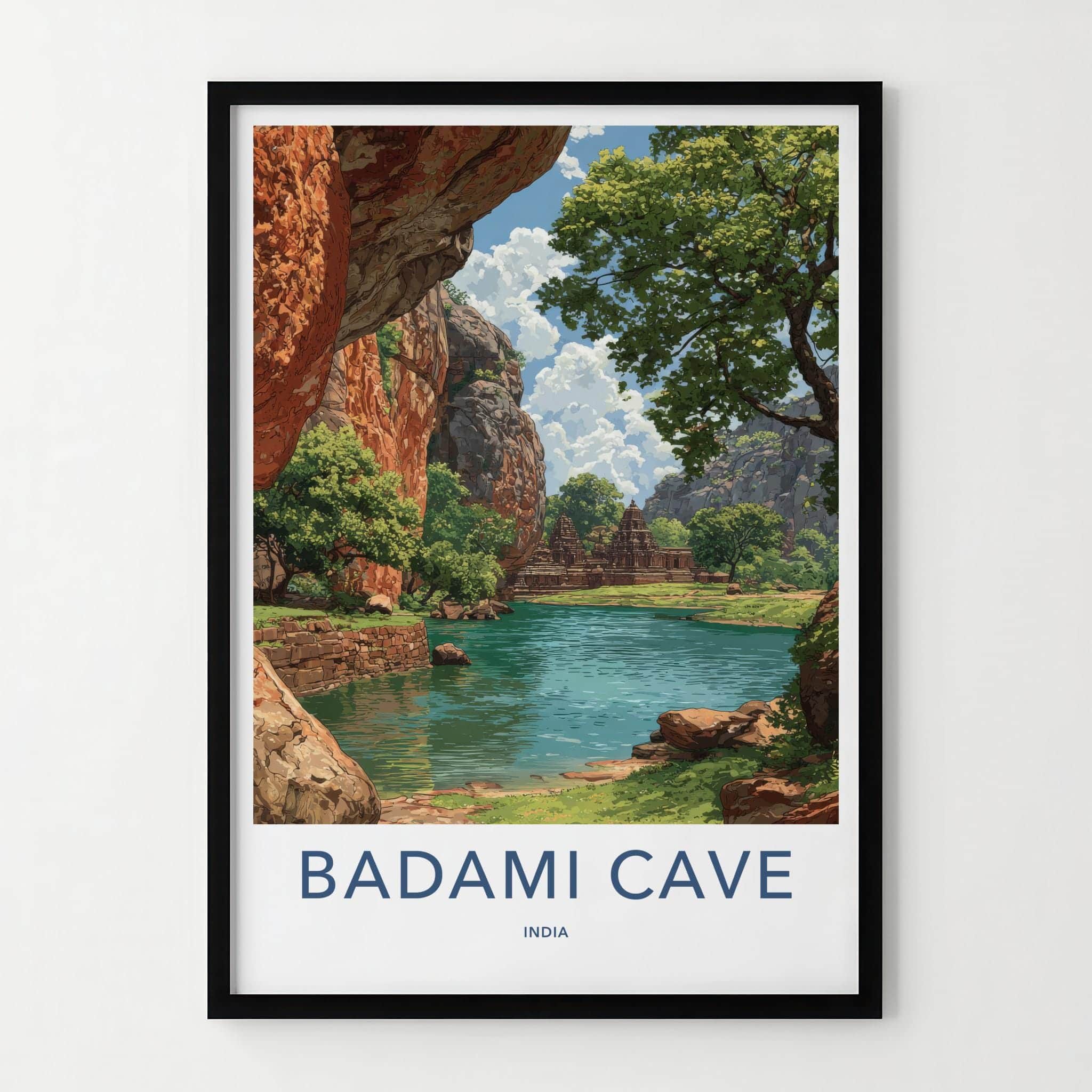 Badami Cave Poster - India Travel Art - Ancient Temple Lake Travel Decor