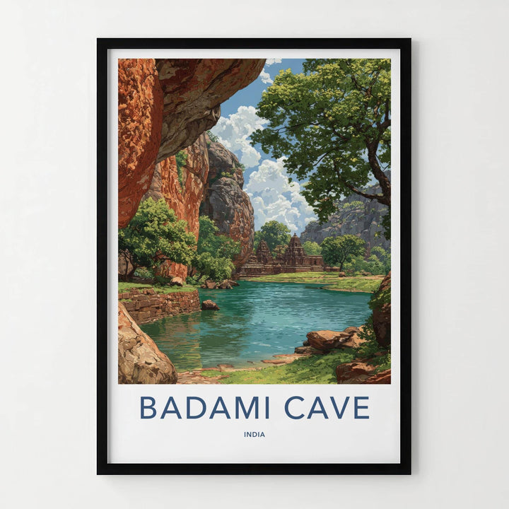 Badami Cave Poster - India Travel Art - Ancient Temple Lake Travel Decor