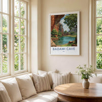 Badami Cave Poster - India Travel Art - Ancient Temple Lake Travel Decor
