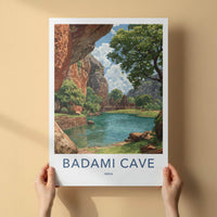 Badami Cave Poster - India Travel Art - Ancient Temple Lake Travel Decor