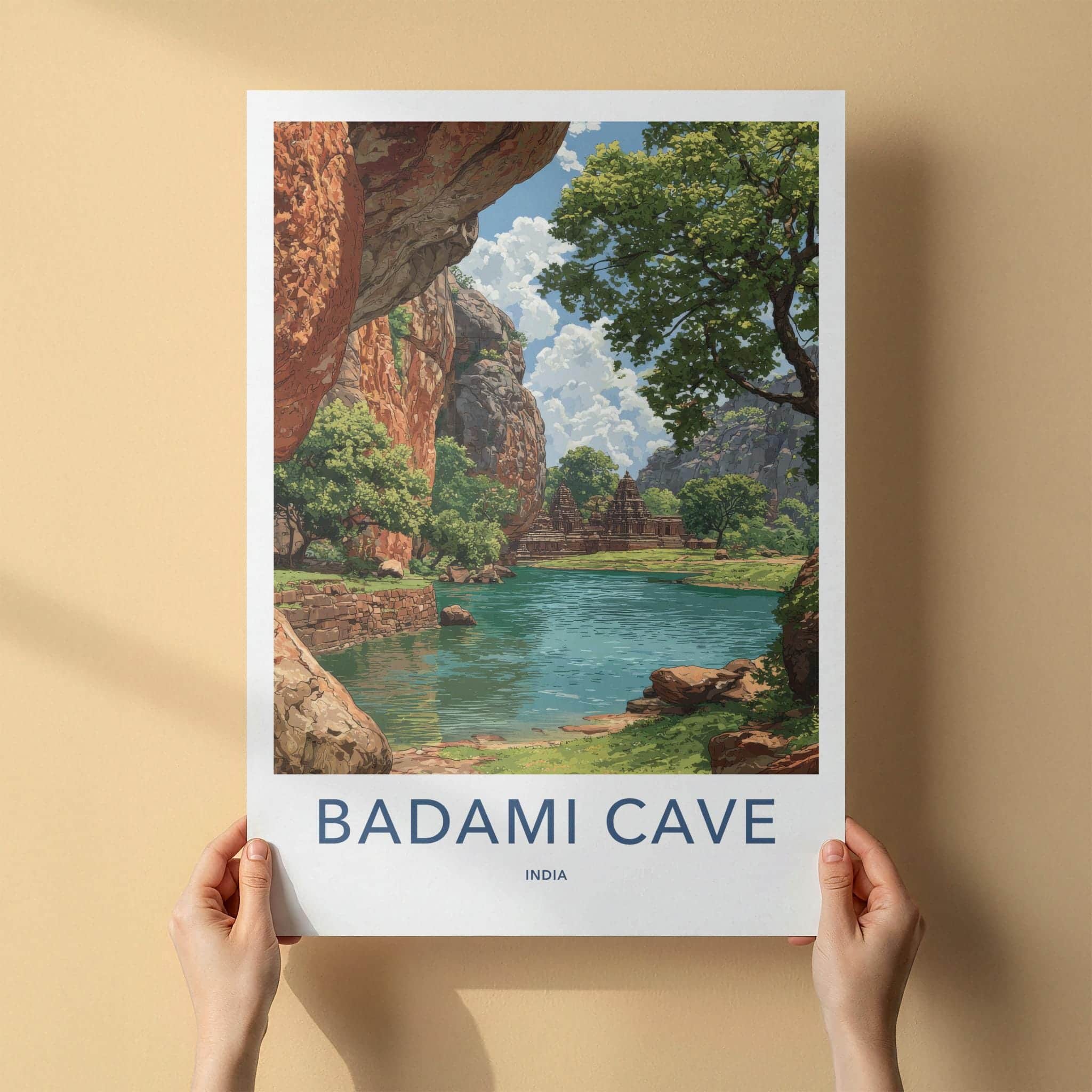 Badami Cave Poster - India Travel Art - Ancient Temple Lake Travel Decor
