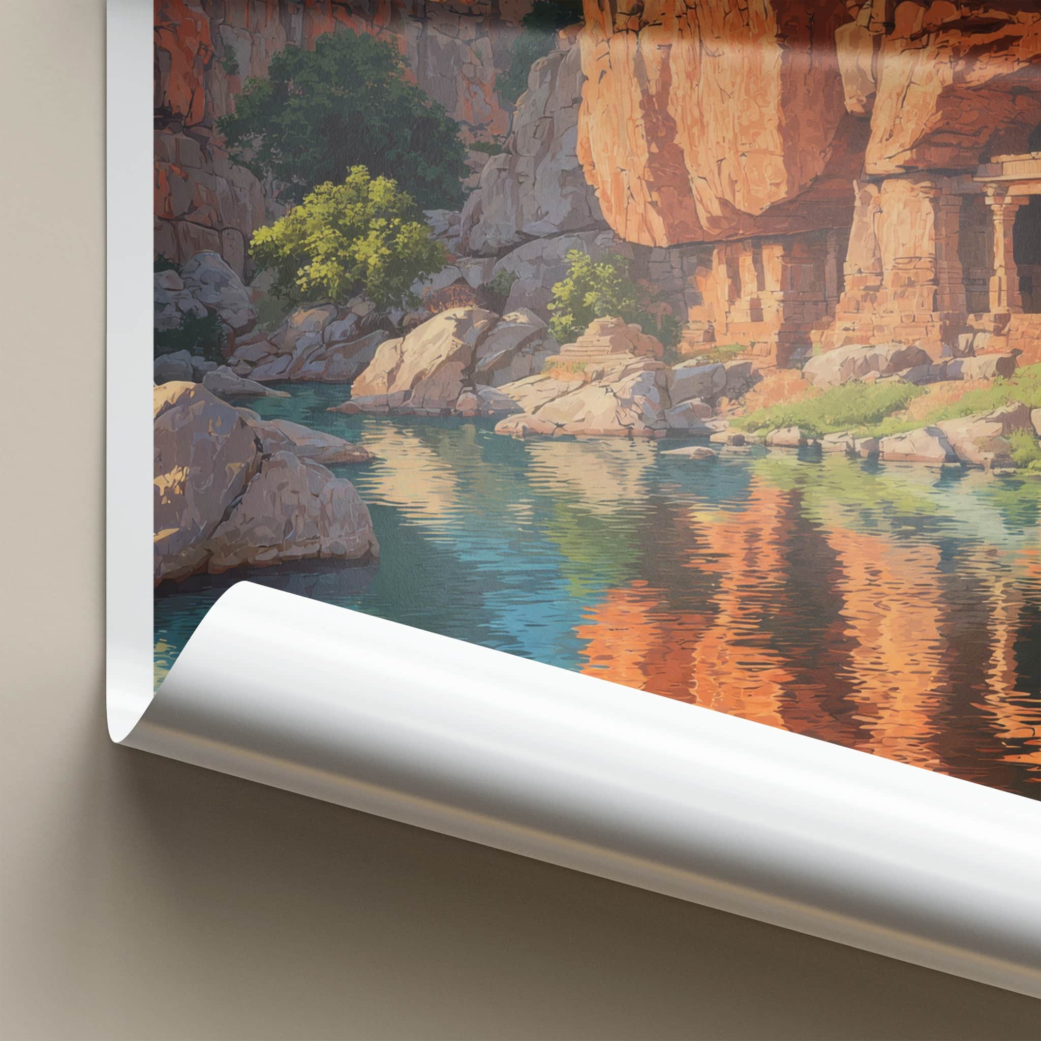 Badami Poster - India Wall Art - Karnataka River Caves Home Decor