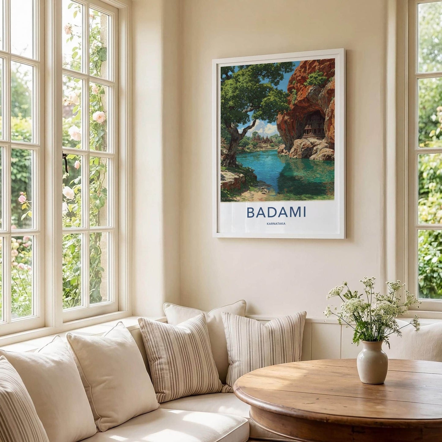 Badami Poster - Karnataka Travel Print - Cave temples lake Travel Decor
