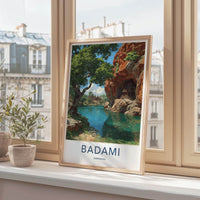 Badami Poster - Karnataka Travel Print - Cave temples lake Travel Decor