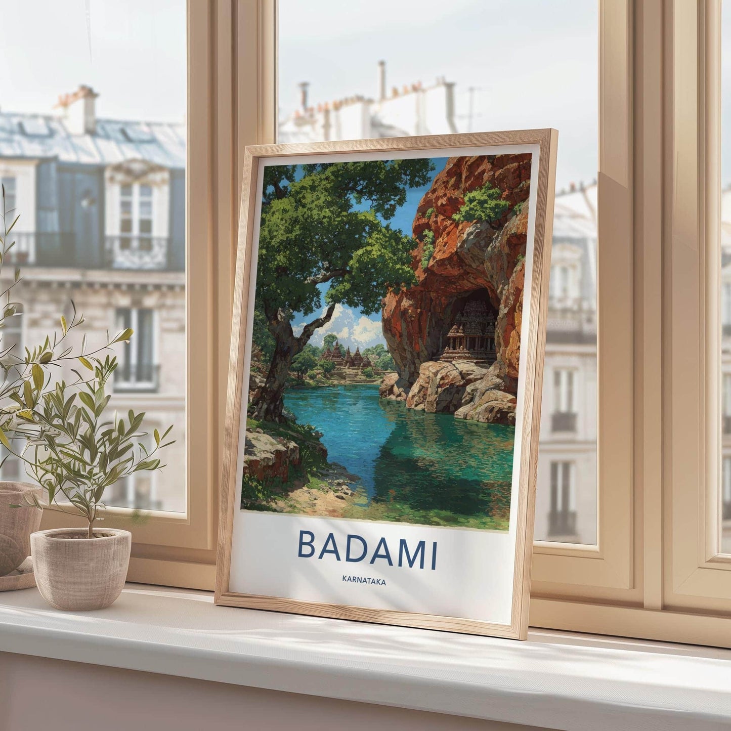Badami Poster - Karnataka Travel Print - Cave temples lake Travel Decor