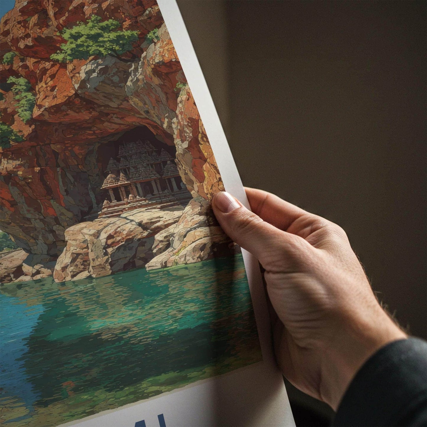 Badami Poster - Karnataka Travel Print - Cave temples lake Travel Decor