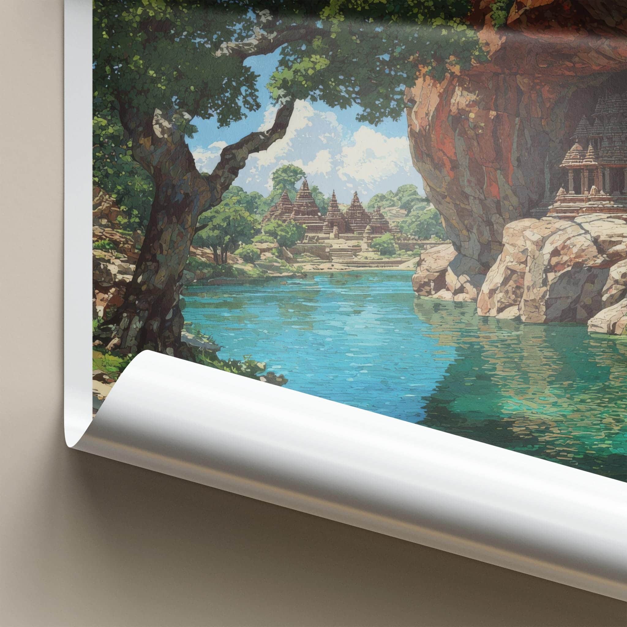 Badami Poster - Karnataka Travel Print - Cave temples lake Travel Decor