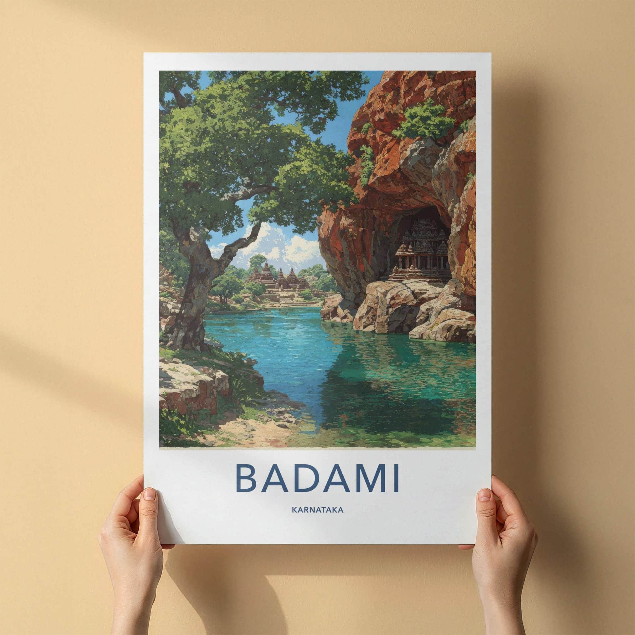 Badami Poster - Karnataka Travel Print - Cave temples lake Travel Decor