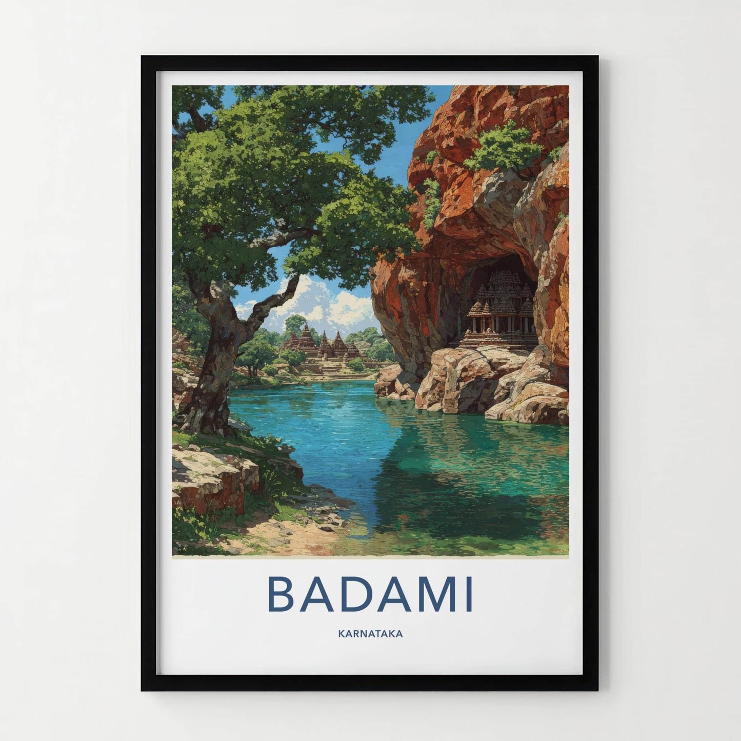Badami Poster - Karnataka Travel Print - Cave temples lake Travel Decor