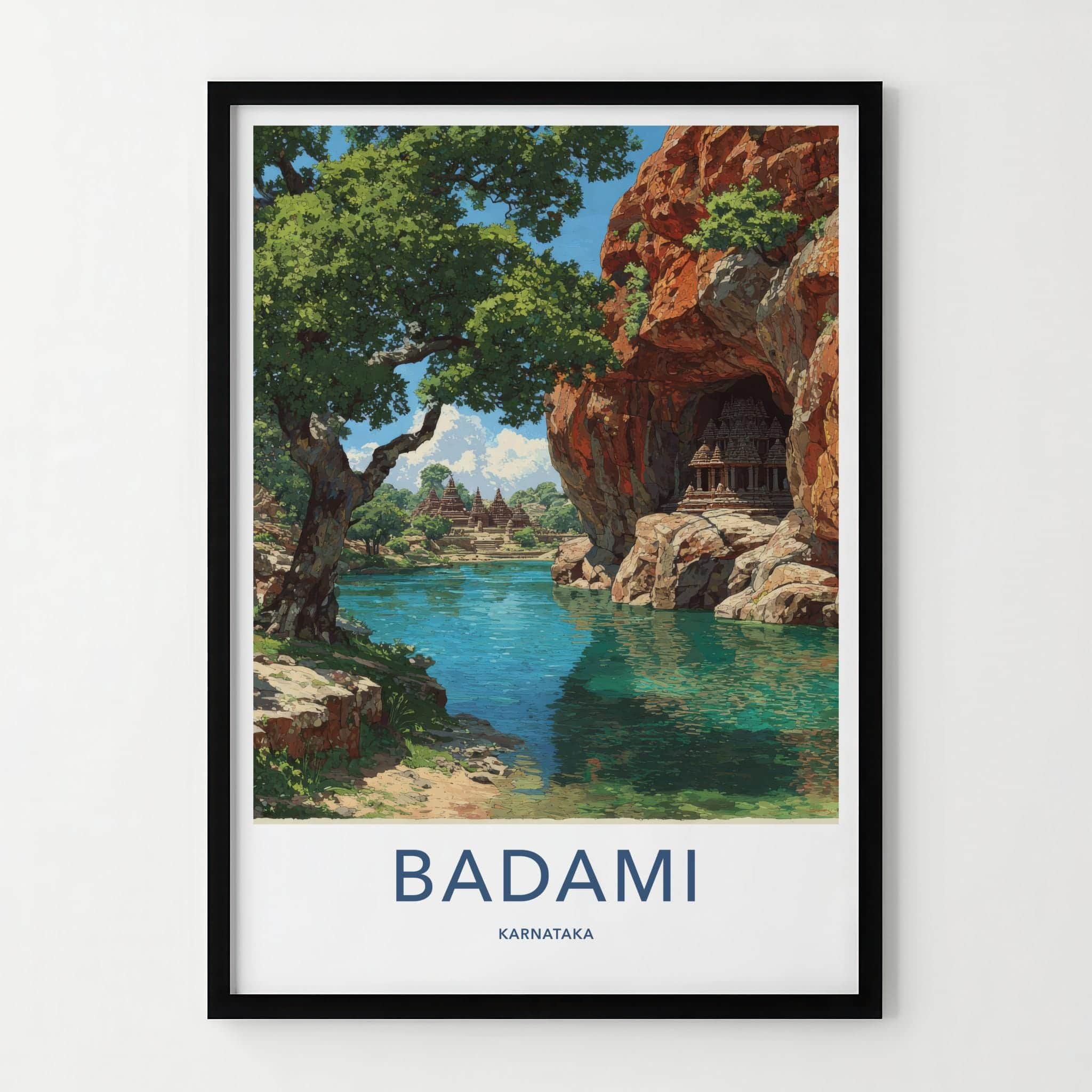 Badami Poster - Karnataka Travel Print - Cave temples lake Travel Decor
