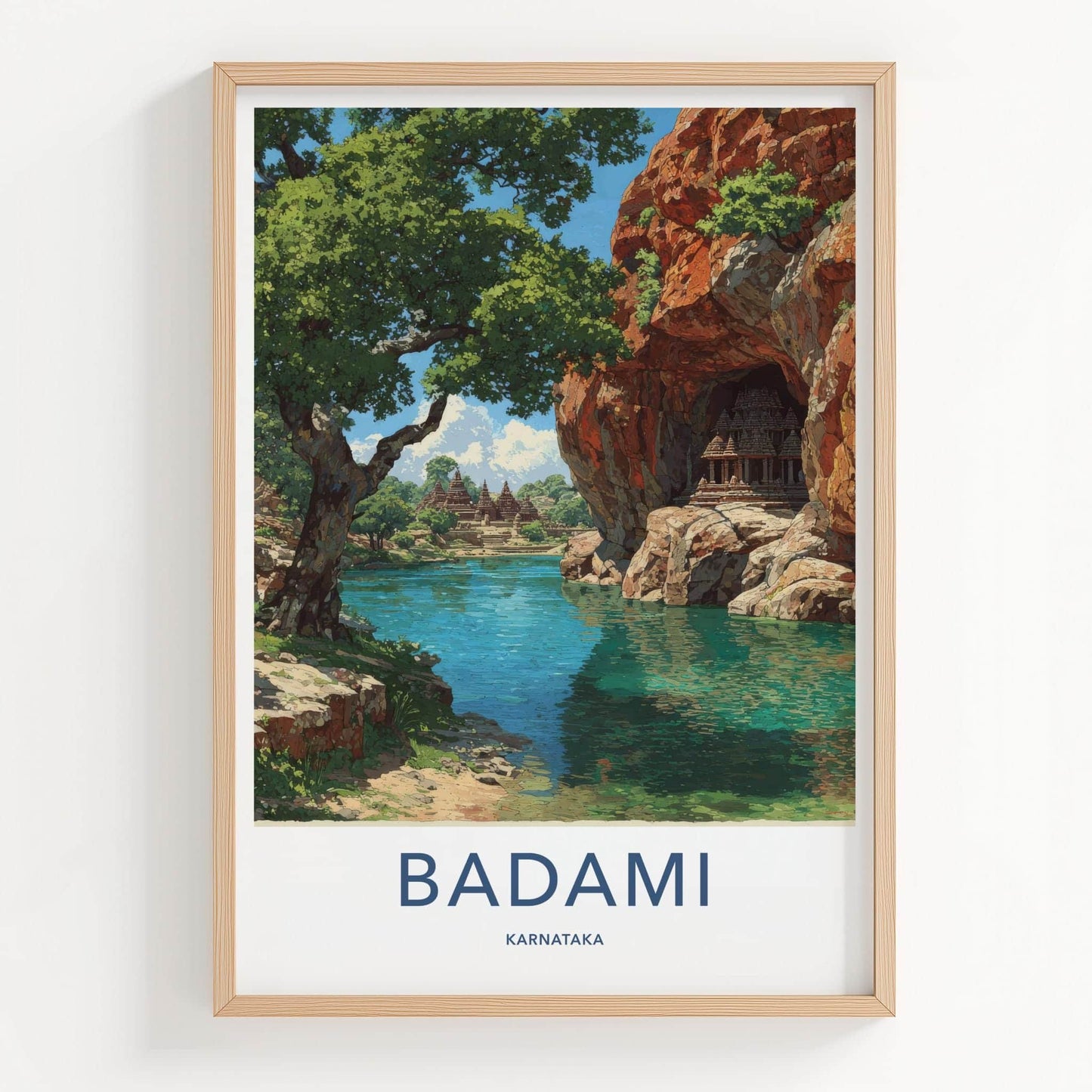 Badami Poster - Karnataka Travel Print - Cave temples lake Travel Decor