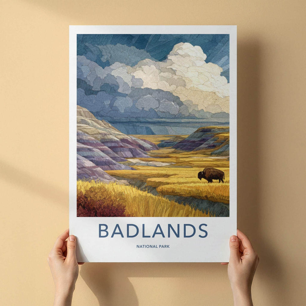 Badlands National Park Poster - South Dakota Art Print - Bison Hills Wall Decor