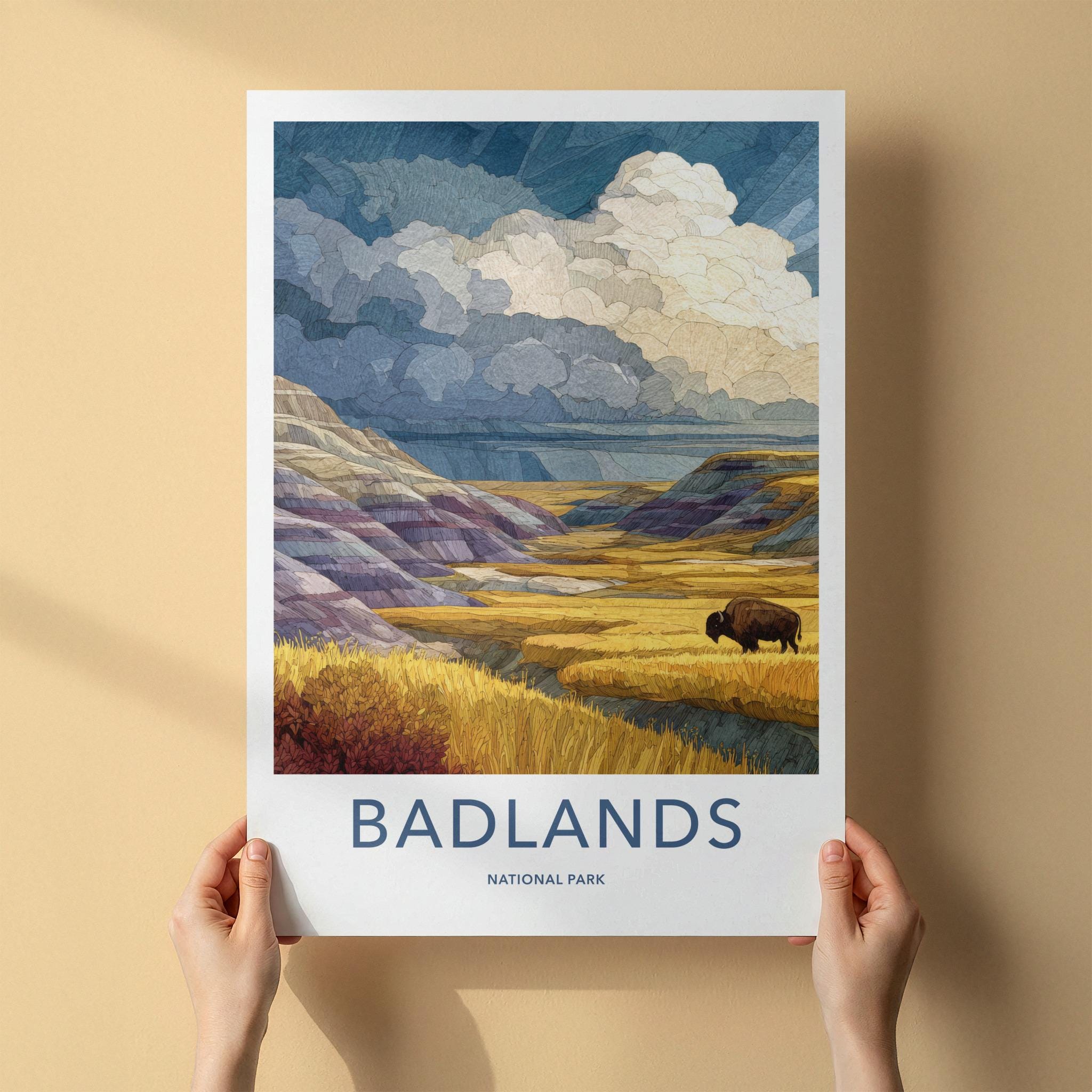 Badlands National Park Poster - South Dakota Art Print - Bison Hills Wall Decor