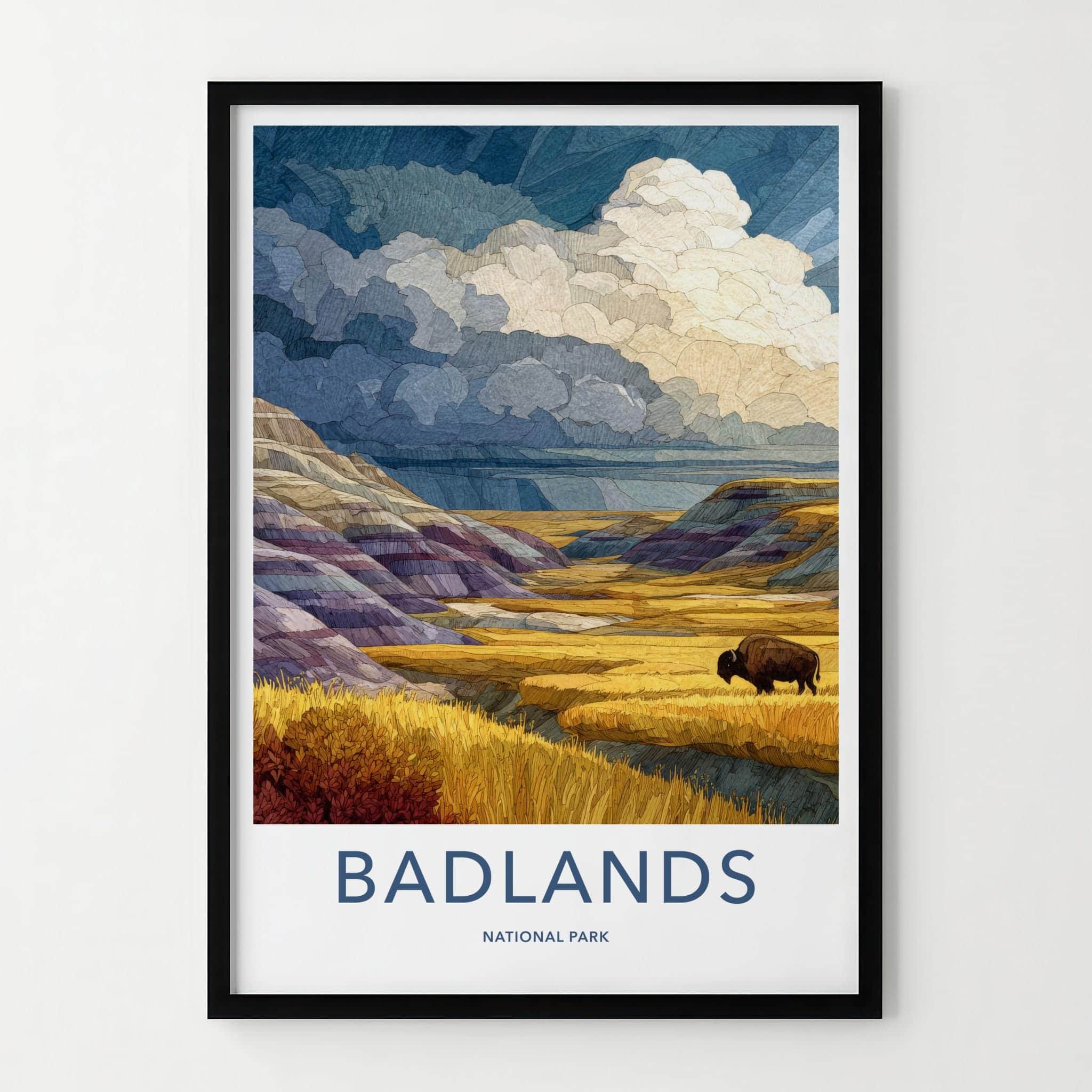 Badlands National Park Poster - South Dakota Art Print - Bison Hills Wall Decor