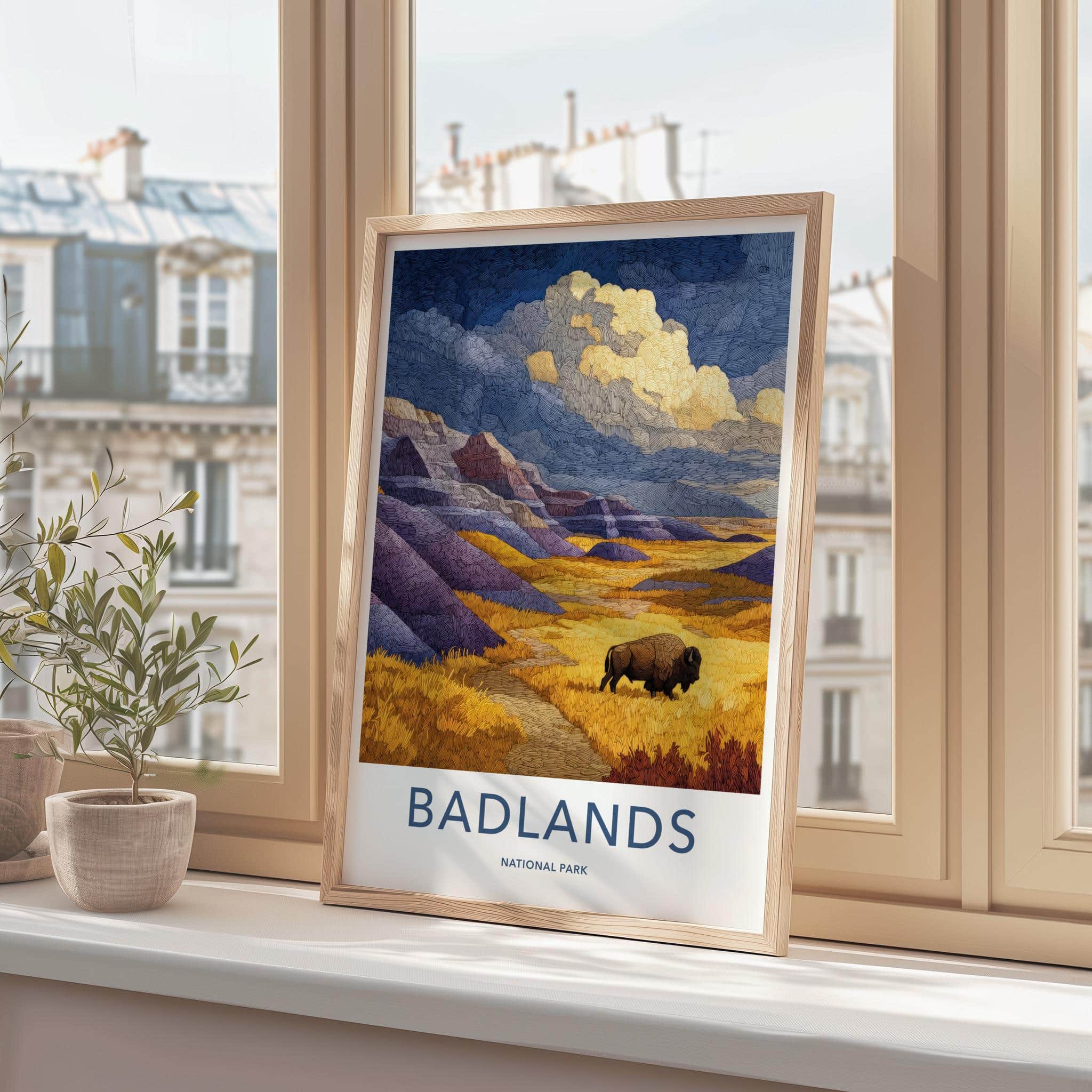 Badlands Poster - South Dakota Scenic Art - Bison Golden Plains Home Decor