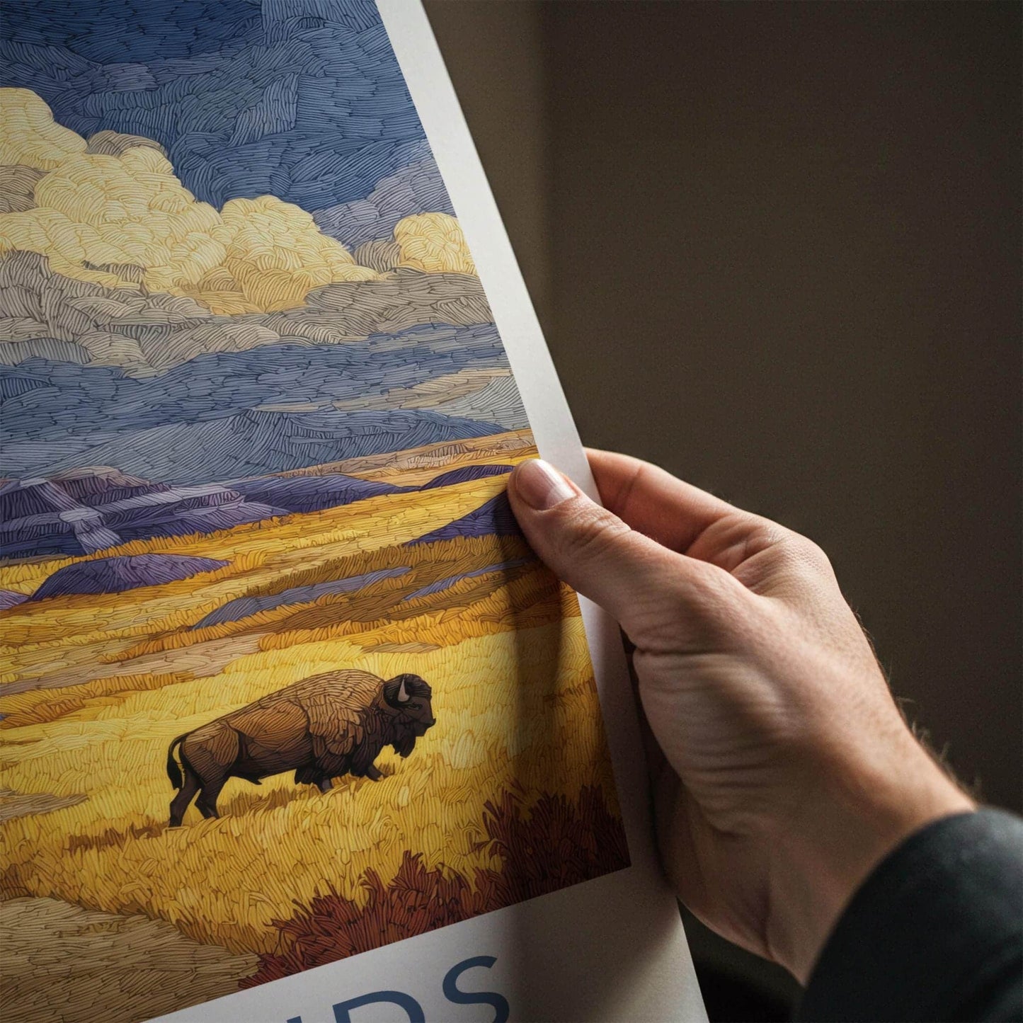 Badlands Poster - South Dakota Scenic Art - Bison Golden Plains Home Decor