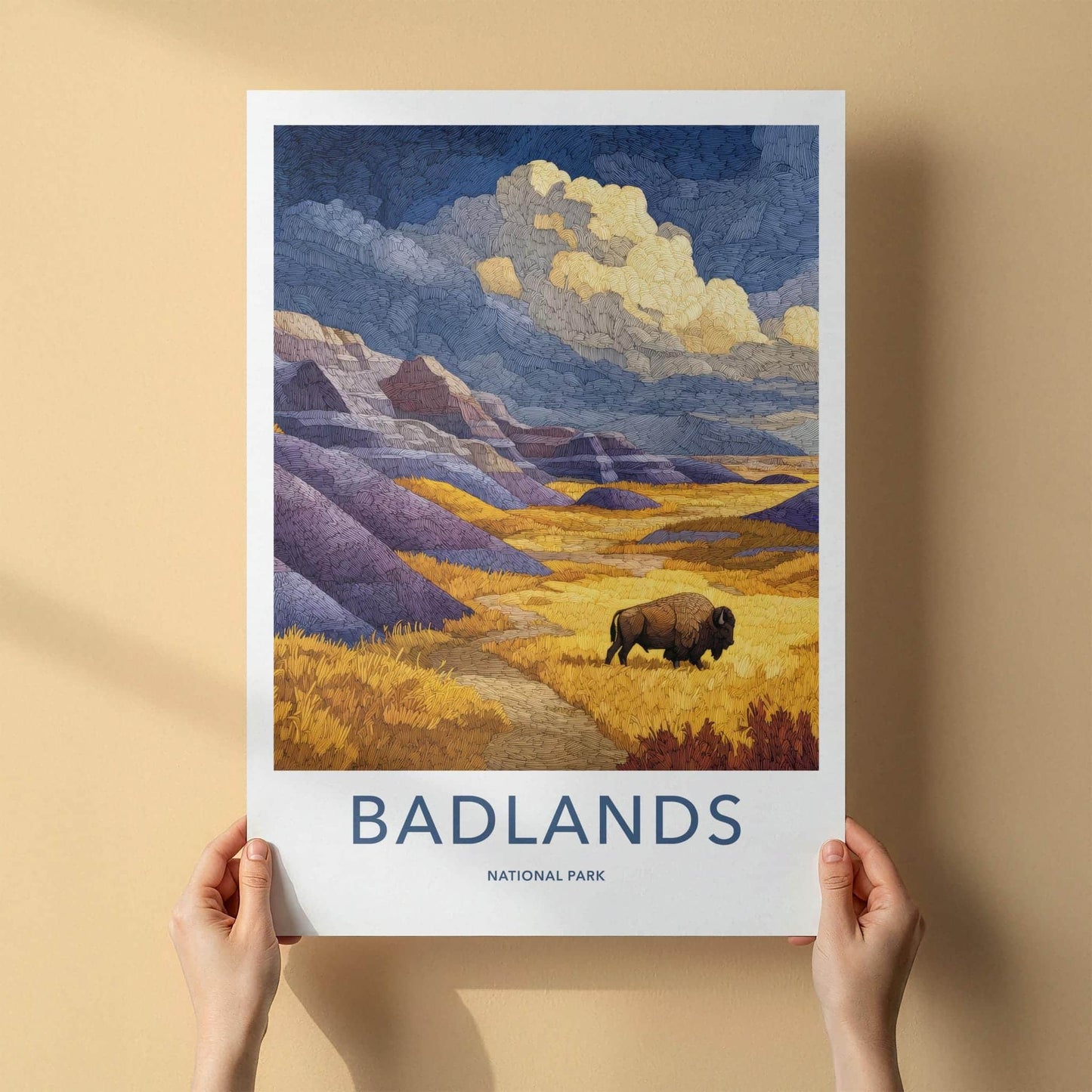 Badlands Poster - South Dakota Scenic Art - Bison Golden Plains Home Decor