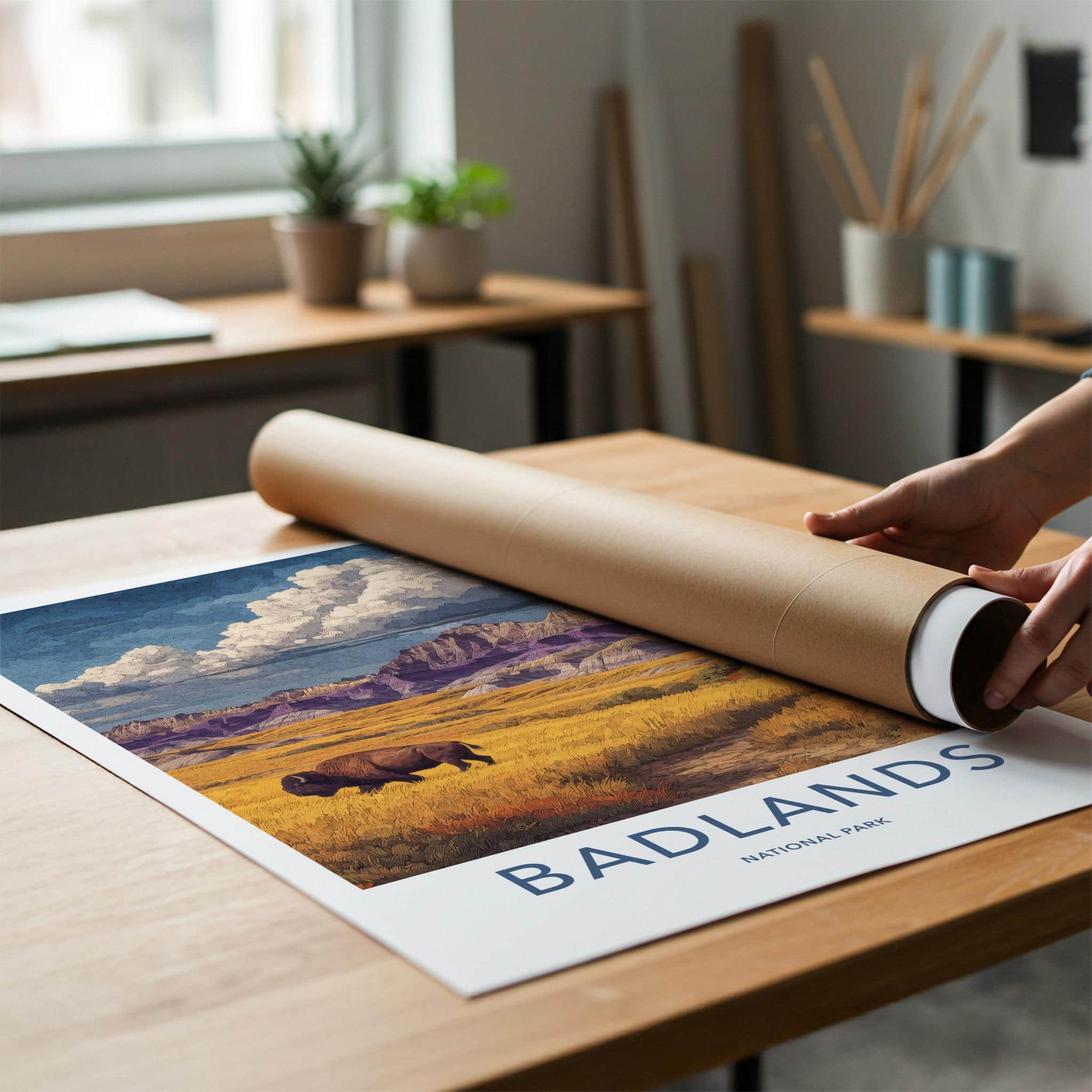 Badlands Poster - South Dakota Scenic Art - Bison Golden Plains Wall Decor