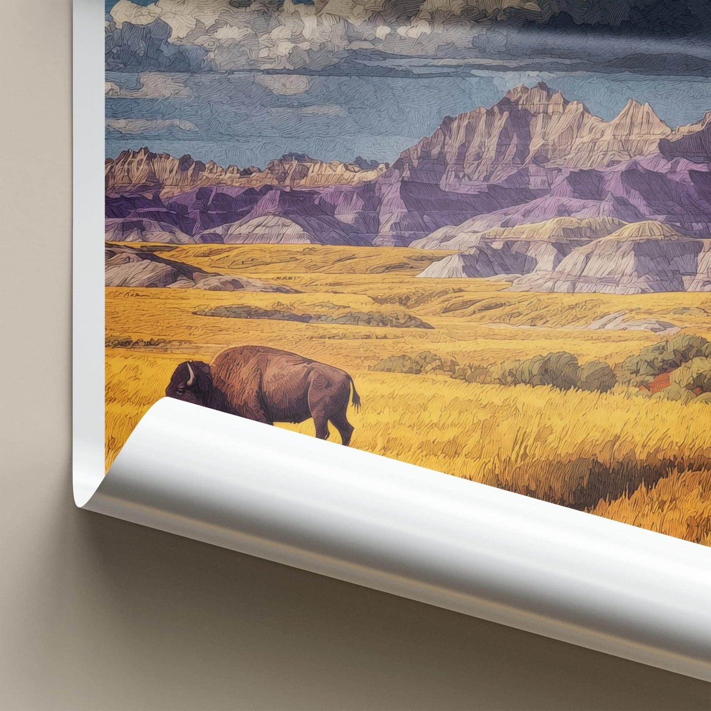 Badlands Poster - South Dakota Scenic Art - Bison Golden Plains Wall Decor