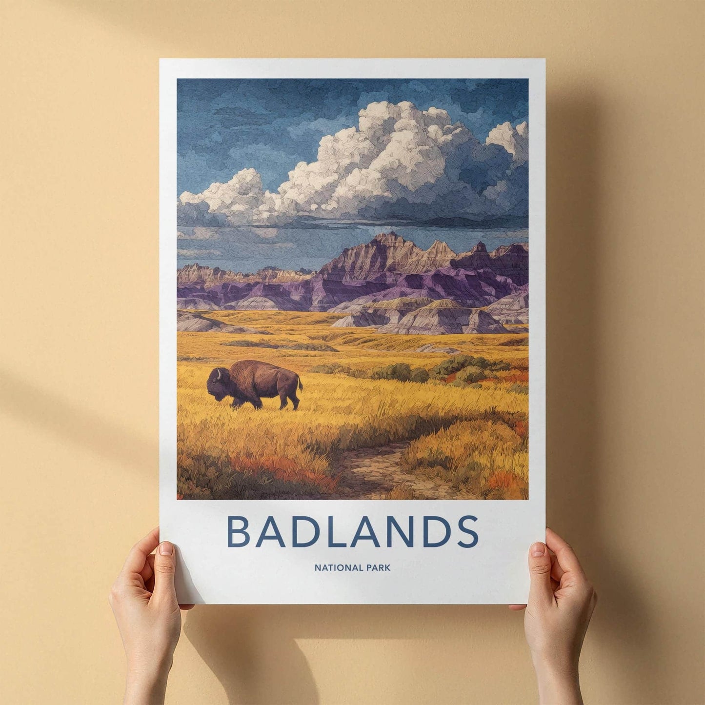 Badlands Poster - South Dakota Scenic Art - Bison Golden Plains Wall Decor