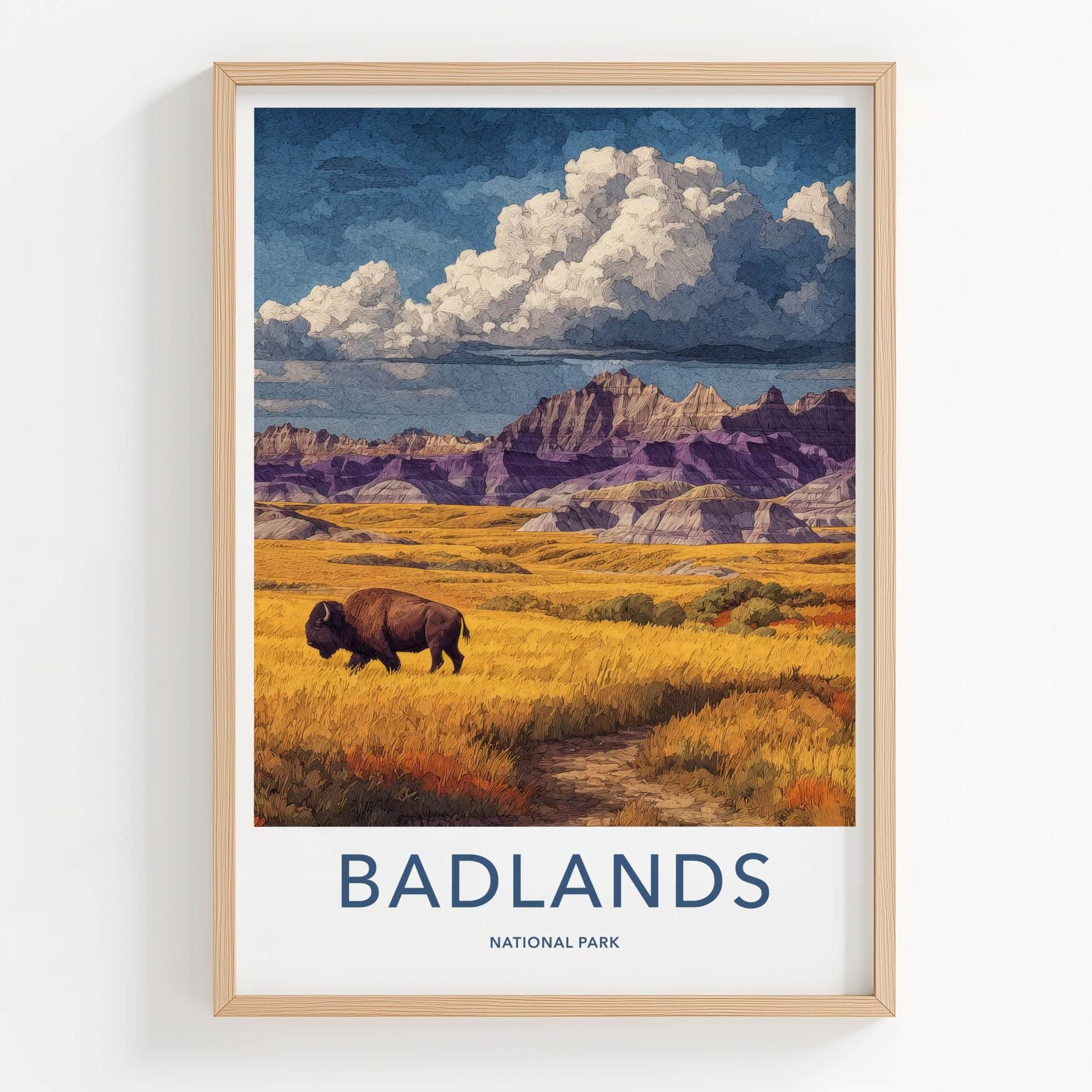 Badlands Poster - South Dakota Scenic Art - Bison Golden Plains Wall Decor