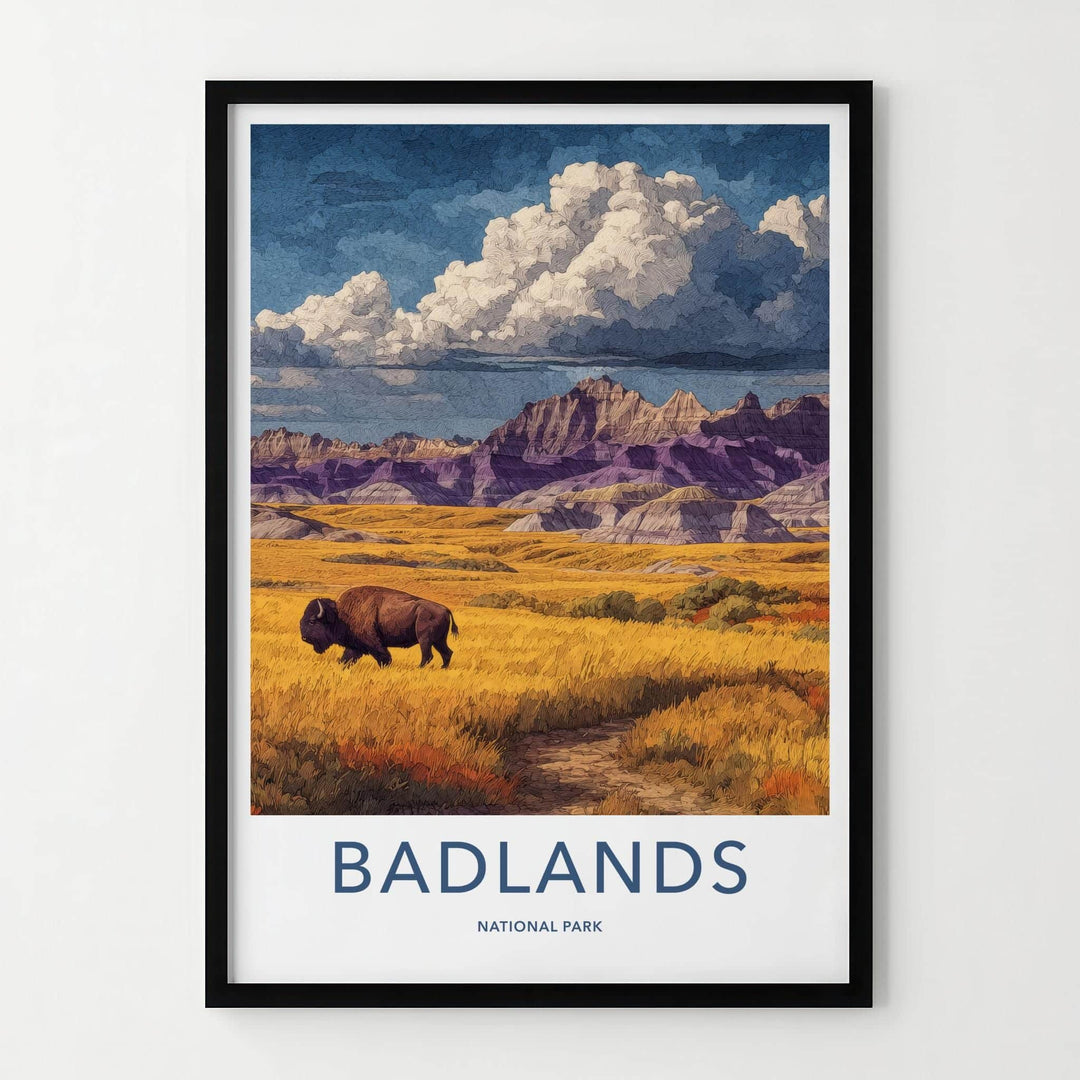 Badlands Poster - South Dakota Scenic Art - Bison Golden Plains Wall Decor