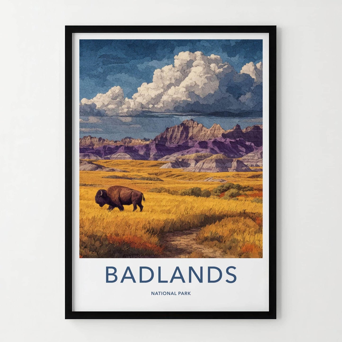 Badlands Poster - South Dakota Scenic Art - Bison Golden Plains Wall Decor