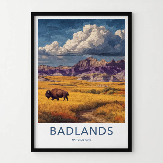 Badlands Poster - South Dakota Scenic Art - Bison Golden Plains Wall Decor