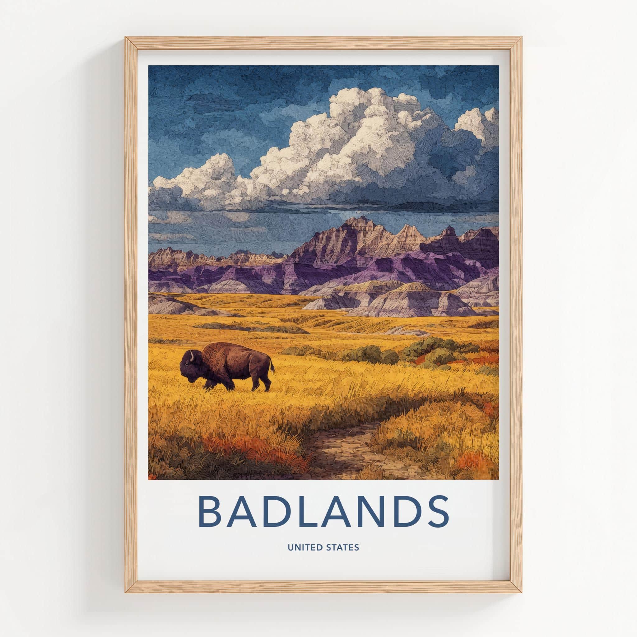 Badlands Poster - South Dakota Scenic Art - Bison Golden Plains Wall Decor